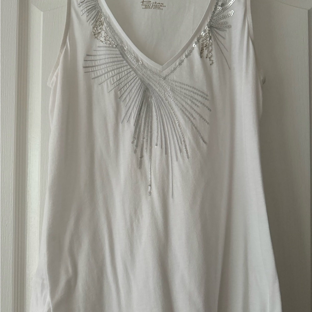 Tommy Bahama White Silver Sequin Embellished Sleeveless Tank Top Small - Picture 2 of 4